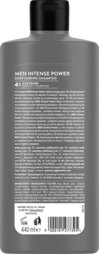 Tył szarej butelki Syoss Men Intense Power Deep Caring Shampoo 4% Caffeine z widocznym składem.