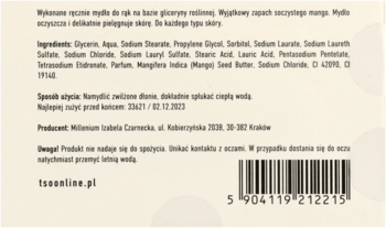 Tył jasnego opakowania mydła glicerynowego do rąk o zapachu mango, z widoczną listą składników i kodem kreskowym.