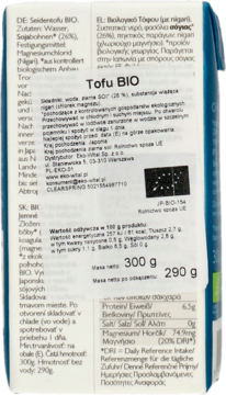 Tofu BIO, tył biało-niebieskiego opakowania kartonowego, widoczne szczegóły składu i wartości odżywczych w wielu językach.