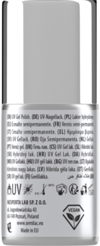Tył srebrnej butelki Semilac UV Gel Polish z opisem produktu, ikonami i wegańskim logo.