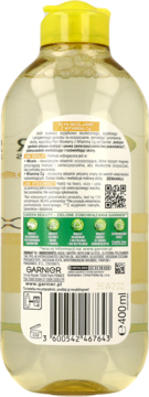 Tył butelki płynu micelarnego Garnier z Witaminą Cg 400ml, przezroczysta, z żółtą nakrętką i etykietą.