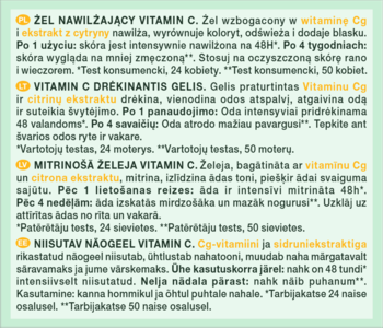 Zielony blok tekstu w językach: polskim, litewskim, łotewskim i estońskim, opisujący żel z witaminą C.