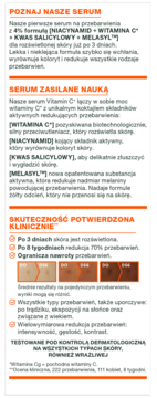 Biały panel informacyjny o serum na przebarwienia z witaminą C, niacynamidem, kwasem salicylowym i Melasylem.