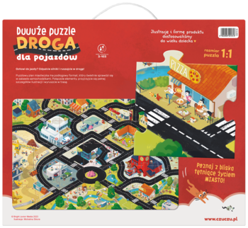 Tył czerwonego opakowania dużych puzzli Droga dla pojazdów, z mapą miasta i pizzerią.