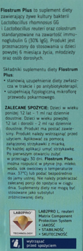 Flostrum Plus, suplement diety, na niebiesko-zielonej etykiecie. Widoczny opis składu, zastosowania i logo LABOPRO.