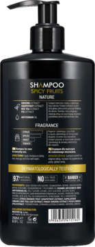 Tył czarnej butelki szamponu Barber X Spicy Fruits Nature z pompką, widoczny szczegółowy skład i opis.