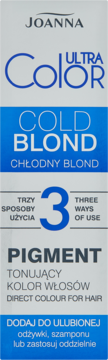 Pionowe opakowanie Joanna Ultra Color Cold Blond Pigment, tonujący włosy, przód, z niebieskimi akcentami i cyfrą 3.