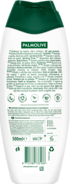 Tył butelki żelu Palmolive Naturals Olive & Milk 500ml z zieloną nakrętką, tekstem, ikonami i kodem kreskowym.