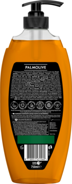 Palmolive Men Citrus Crush 3w1 żel pod prysznic, pomarańczowa butelka z pompką, tył z etykietą i kodem EAN.