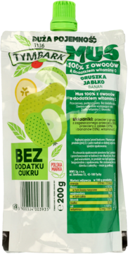 Saszetka Tymbark Mus 200g: gruszka, jabłko, banan, 100% owoców, biało-zielone opakowanie, przód.