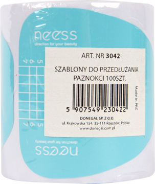 Neess szablony do przedłużania paznokci, biała rolka 100 szt., niebieskie logo i siatka długości, widok z przodu.
