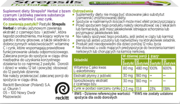 Tył opakowania suplementu Strepsils Herbal, biało-zielony, z tabelą składników i ostrzeżeniami.