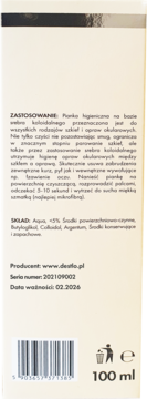 Tył beżowego opakowania pianki do czyszczenia okularów Destlo 100 ml, widoczne instrukcje, skład i data ważności.