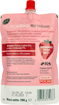 Tył różowej saszetki musu OWOŁOWO z jabłek i truskawek, widoczny skład, masa netto i etykieta 'Produkt Polski'.