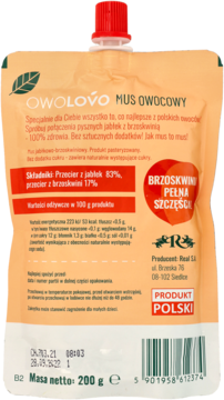 Tył pomarańczowego musu Owolovo 200g, jabłkowo-brzoskwiniowy. Widoczny skład, masa netto i polski producent.