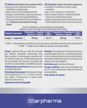 STARPHARMA MAGNEZ STRONG ,kapsułki, Cytrynian magnezu, suplement diety,tył