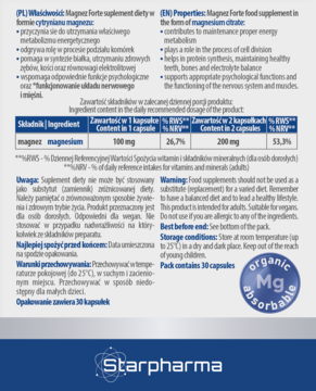 Tył opakowania Starpharma Magnez Magnezium suplement diety, biało-niebieskie tło, składniki, dawkowanie, logo Organic Mg.