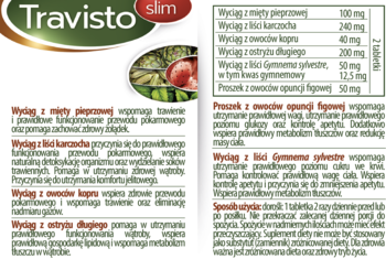 Biała etykieta Travisto Slim, widok z bliska, lista składników wspierających trawienie i wagę.
