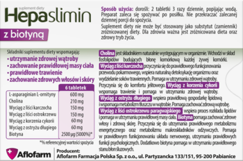 Hepaslimin z biotyną, suplement diety wspierający wątrobę i trawienie, biało-zielone opakowanie, widok z przodu.