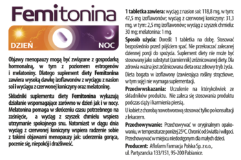 Białe opakowanie Femitonina, suplementu na menopauzę dzień/noc, z pomarańczową i fioletową sekcją, widok z przodu.