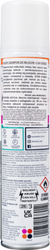 Tył białego suchego szamponu w sprayu z polskimi instrukcjami, listą składników i symbolami ostrzegawczymi.