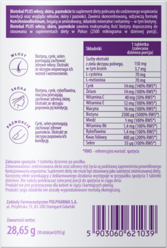 BIOTEBAL Plus ,tabletki, Włosy, Skóra, Paznokcie, suplement diety,tył