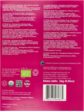 Tył różowego pudełka prezentowego herbat English Tea Shop. Widać listę 12 smaków, certyfikaty eko, kod kreskowy.
