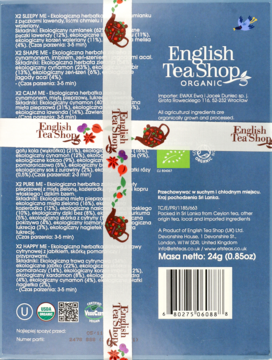 Tył niebieskiego opakowania herbat English Tea Shop Organic, z pionowym biało-czerwonym paskiem, kodem kreskowym i listą składników.
