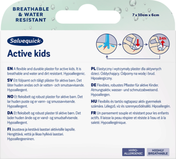 Tył opakowania Salvequick Active Kids plastry dla dzieci, z wielojęzycznym opisem właściwości wodoodpornych i oddychających.