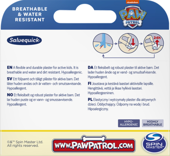 Tył opakowania plastrów Salvequick Paw Patrol dla dzieci: oddychające, wodoodporne, hipoalergiczne. Z ilustracjami.