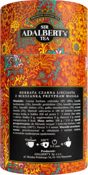 Adalbert's Masala Ceylon Black Tea w cylindrycznej puszce z bogatym czerwono-złotym wzorem, widok z przodu.