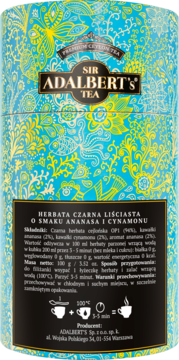 Tył turkusowego opakowania herbaty Sir Adalbert's Ananas i Cynamon, z żółtymi wzorami i polskim opisem produktu.