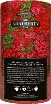 Tył puszki herbaty Sir Adalbert's, czarna liściasta, arbuz, mięta i cytryna, bogaty czerwony wzór.