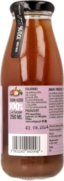 Tył szklanej butelki BIO soku jabłkowo-porzeczkowego Sok Z Gór 250ml, tłoczonego, z kodem kreskowym.
