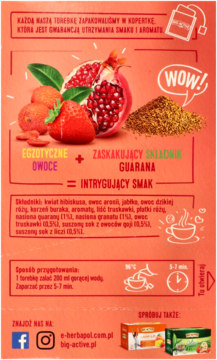 Przód czerwonego opakowania herbaty Herbapol Egzotyczne Owoce z guaraną, z grafiką granatu i truskawek.