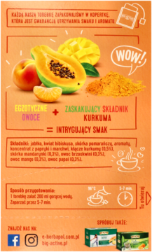 Herbatka owocowa Big-Active, tył opakowania: egzotyczne owoce i kurkuma, składniki, przepis parzenia.