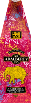 Różowe opakowanie herbaty Sir Adalbert's Cranberry Black Tea, ze złotym słoniem i dekoracyjnymi wzorami, widok z przodu.