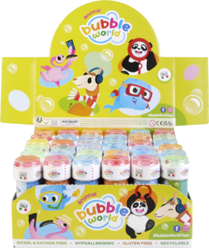 Bańki mydlane Bubble World ZWIERZĘTA w żółtym displayu: kolorowe pojemniki z płynem i grą zręcznościową.