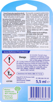 Tył opakowania odświeżacza domol Duftstern Fresh Breeze, zawiera niemiecki tekst, ostrzeżenia, kod kreskowy i 5,5 ml.