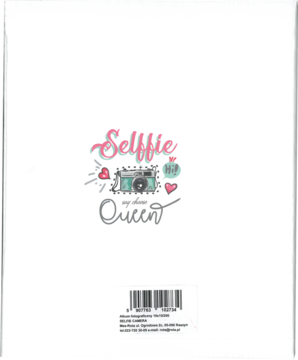 Twardy album na zdjęcia 10x15 cm, biała okładka z napisem „Selfie Queen” i aparatem, widok z tyłu.