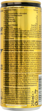 Tył złotej puszki Rockstar Energy Drink No Sugar, widoczne szczegóły etykiety z danymi odżywczymi i składem.