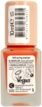 Tył lakieru do paznokci Kruidvat 180 Spring Papaya 10ml, pomarańczowa butelka, z kodem kreskowym i napisem Vegan.