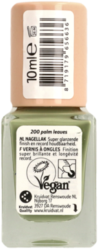 Tył butelki lakieru Kruidvat High Gloss Nail Color 200 Palm Leaves, 10ml, z zielonym płynem i etykietą EAN.