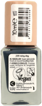 Tył butelki ciemnoniebieskiego lakieru High Gloss 220 Rainy Day, etykieta z kodem, 10ml, logo Vegan.