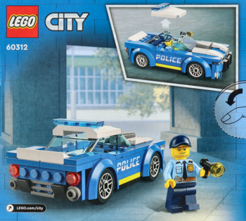 Opakowanie LEGO City Radiowóz (60312): niebieski samochód policyjny z białym dachem, obok minifigurka, widok z boku.