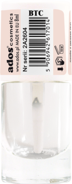 Ados Cosmetics BTC baza i top coat, przezroczysta butelka 8ml z pędzelkiem, widok z przodu.
