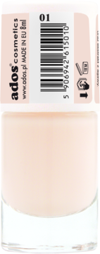 Lakier do paznokci Ados Natural Nude 01, jasny beż, w szklanej buteleczce, widok z przodu.