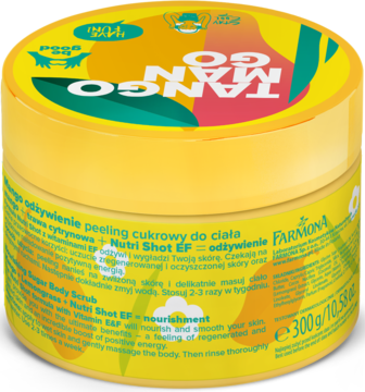 Tył żółtego słoika Farmona Tango Mango Go! Cukrowy peeling 300g, widoczny opis Mango i Nutri Shot.