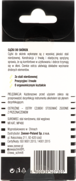 Tył czarnego opakowania cążek do skórek, z białym panelem tekstowym zawierającym opis i kod kreskowy.