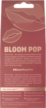Tył różowego opakowania gąbeczek do makijażu Bloom Pop KillyS z instrukcją użycia i konturami ust.